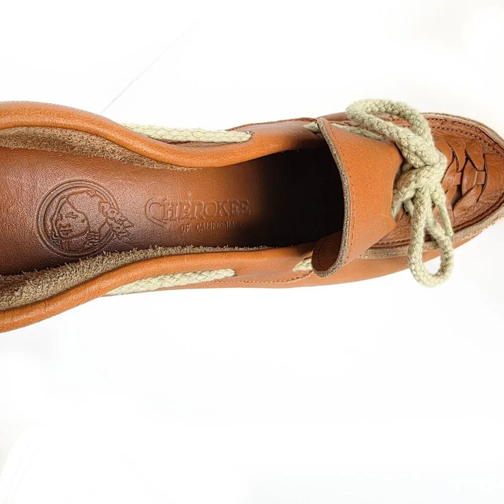 Vintage 70s Cherokee Buckwheat Platform Wedges Caramel Leather‎ Boho Shoes 7.5 N